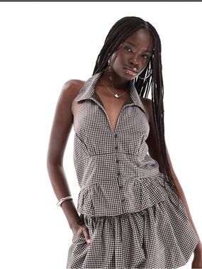 Hollister Navy & White Plaid Button-Up Babydoll Shirt